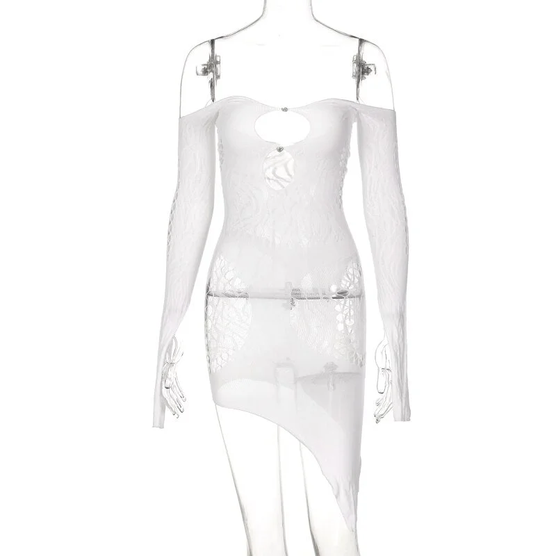 Hugcitar Print Off Shoulder Long Slit Sleeves Hollow Out Irregular Midi Dress Sexy Skinny 2022 Summer Women Party Club Night Out