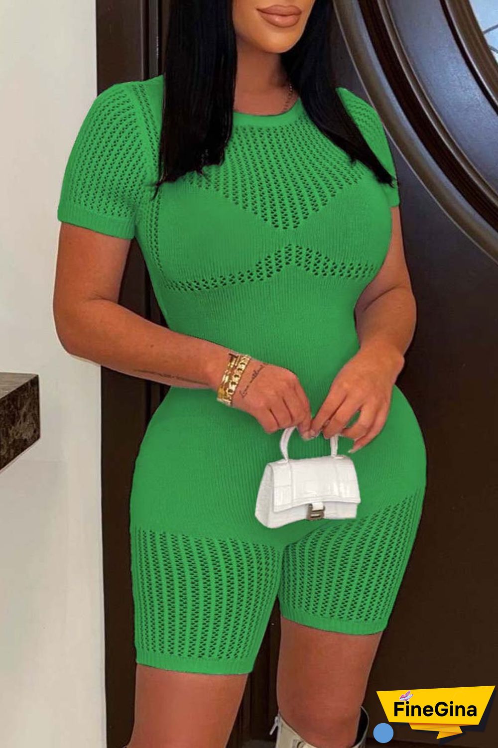 Rose Red Casual Solid Basic O Neck Short Sleeve Skinny Romper