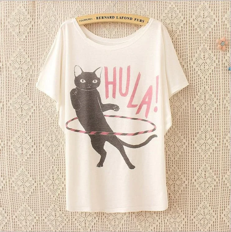 White Kawaii Cat Loose T-Shirt SP179308
