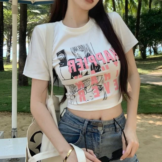 Print Fit Slim T-Shirt Round Short-Sleeve Neck Crop Cartoon