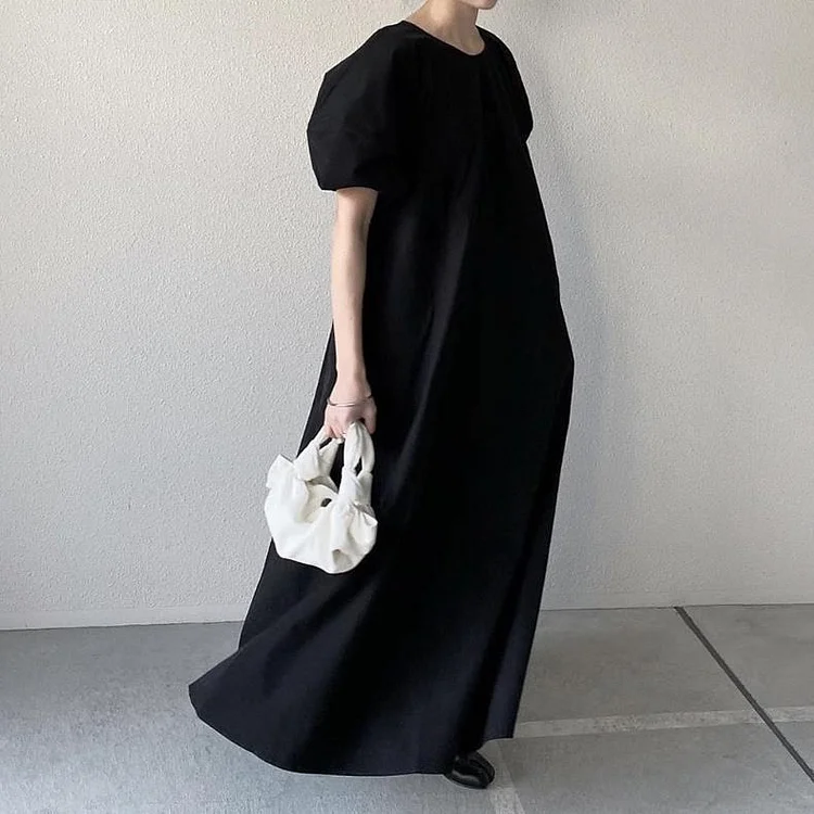 Loose Solid Color Bubble Sleeve Maxi Dress