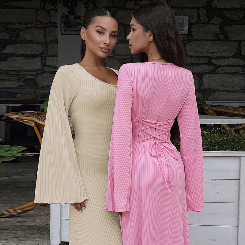 Ootddress Scoop Neck Lace-Up Ribbed Maxi Dress Female Long Sleeve Fashion Slim Loose Bandage Dress Autumn 2025 Solid Women Dress New