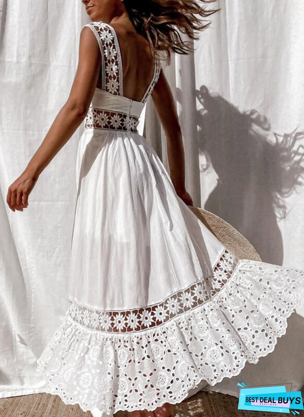 Fashion Lace Sleeveless Teaching Long Skirt Dress White Dresses
