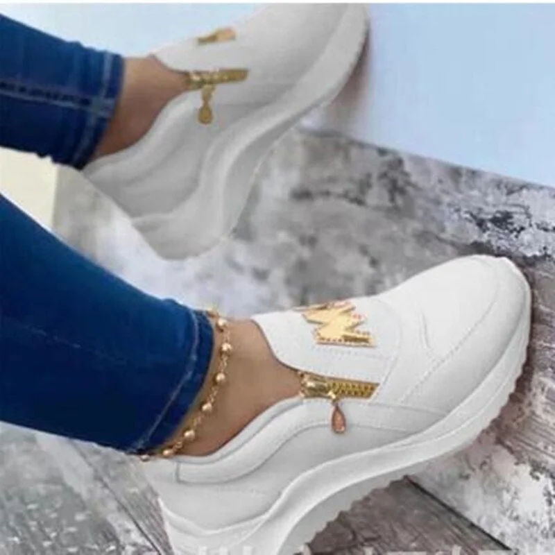 35-43 Women Sport Shoes Thick Bottom Solid Ladies Vulcanized Sneakers Casual Wedges Slip On Zipper Shoes Women Platform Sneakers