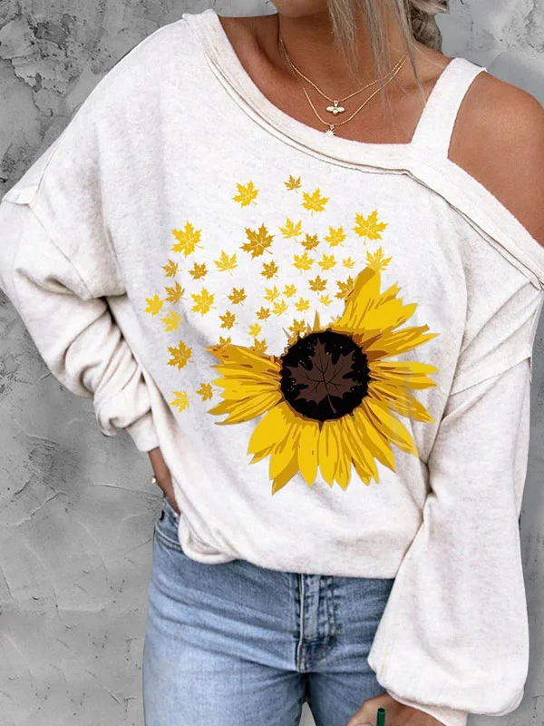 White sunflower maple leaf print asymmetrical strapless long sleeve top
