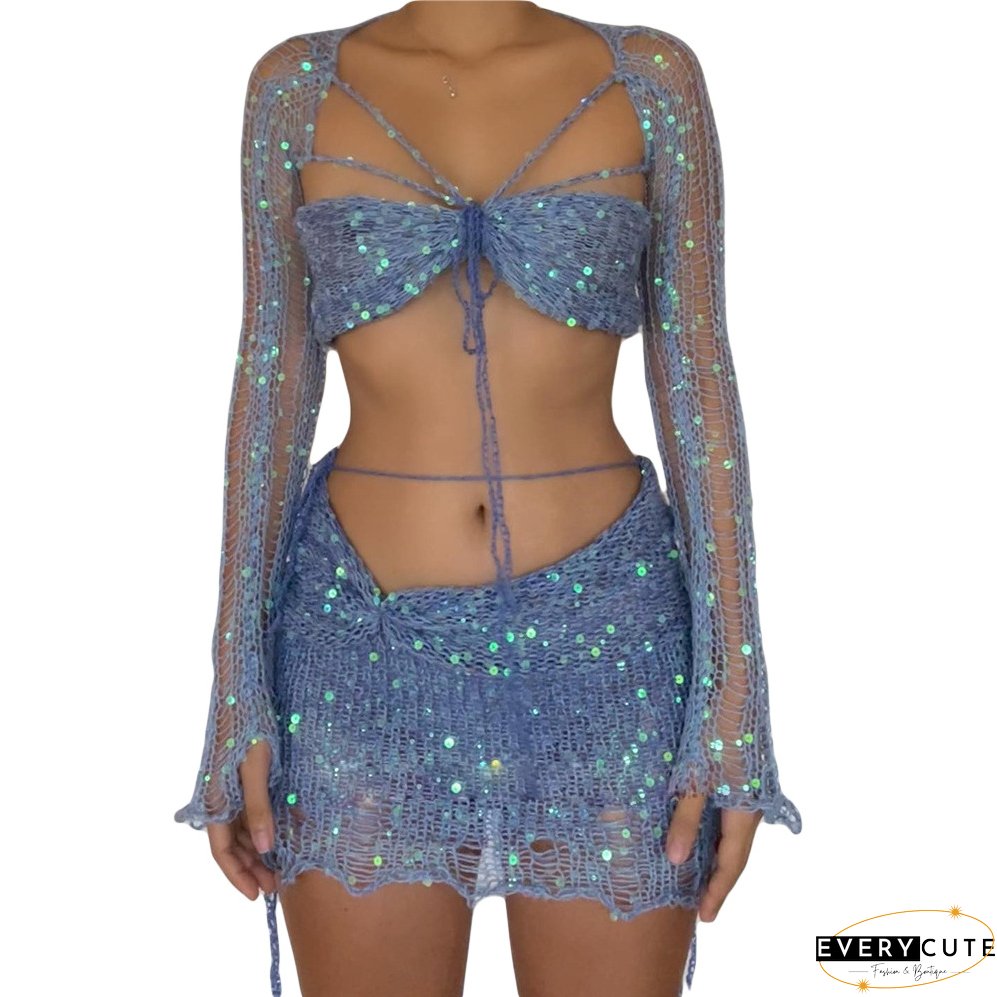 Women's Sequined Knitting Long Sleeve Three-Piece Skirt Set