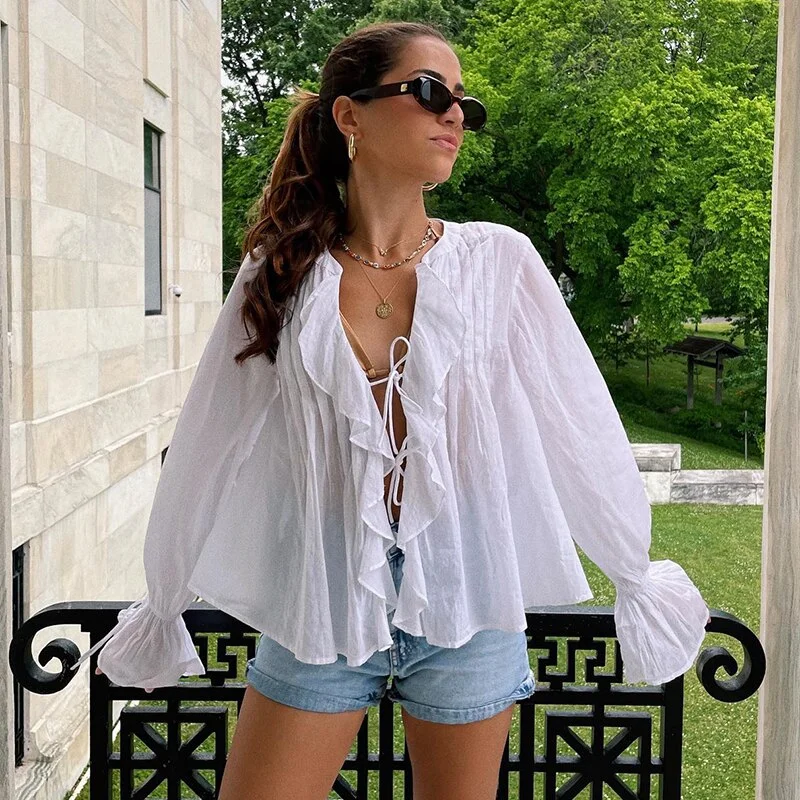Uveng Ruffles Tie Up Blouse Shirts Women V Neck White 2022 Summer Elegant Long Sleeve Top Shirt Casual Sexy Fashion Vintage