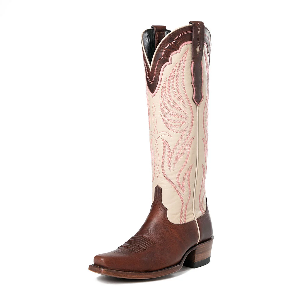 Brown & Beige Snip Toe Wide Calf Cowgirl Boots with Embroidery