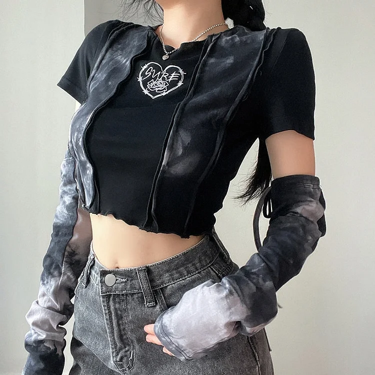 PUNK ROCK SEPERATE SLEEVES SURE HEART BLACK CROP TOP