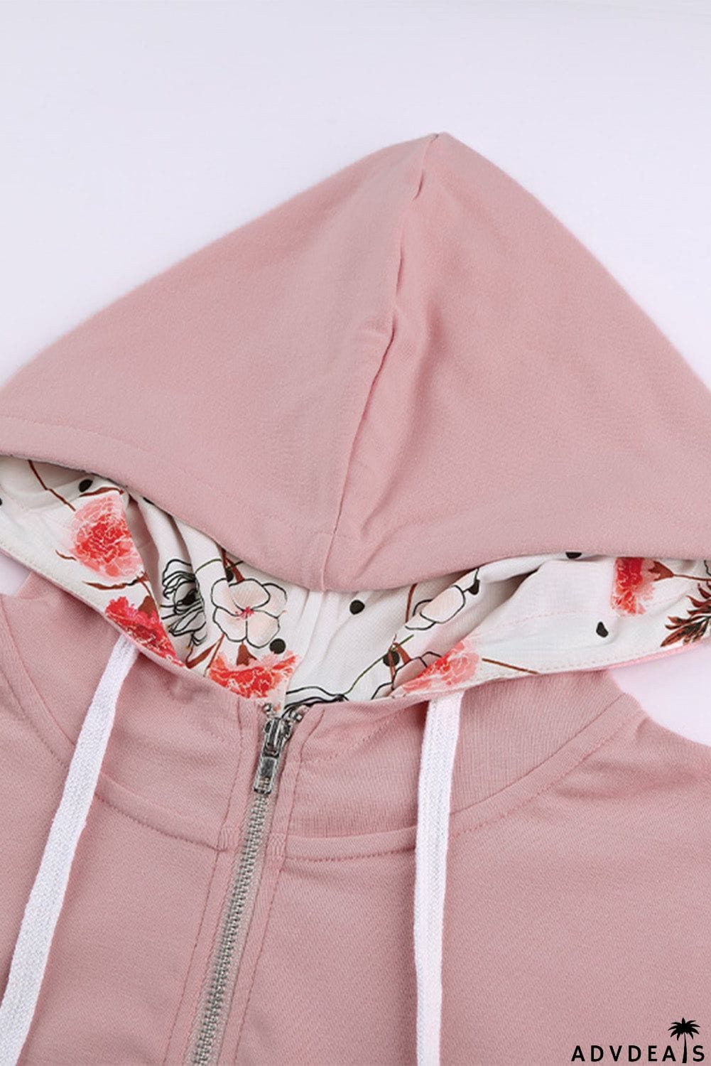 Women's Pink Full Zip Hoodie Coat with Floral Print Hooded Inner