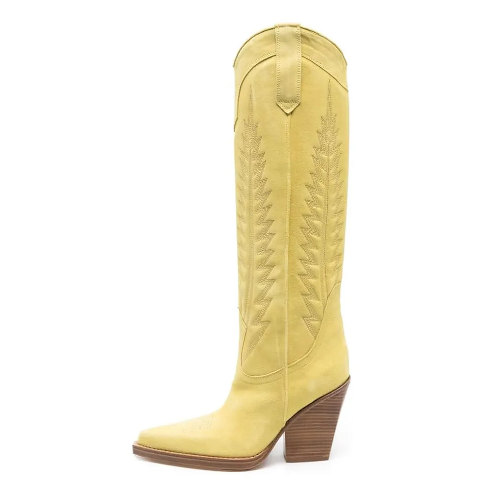 Yellow Faux Suede Pointed Toe Embroidered Knee-High Cowgirl Boots