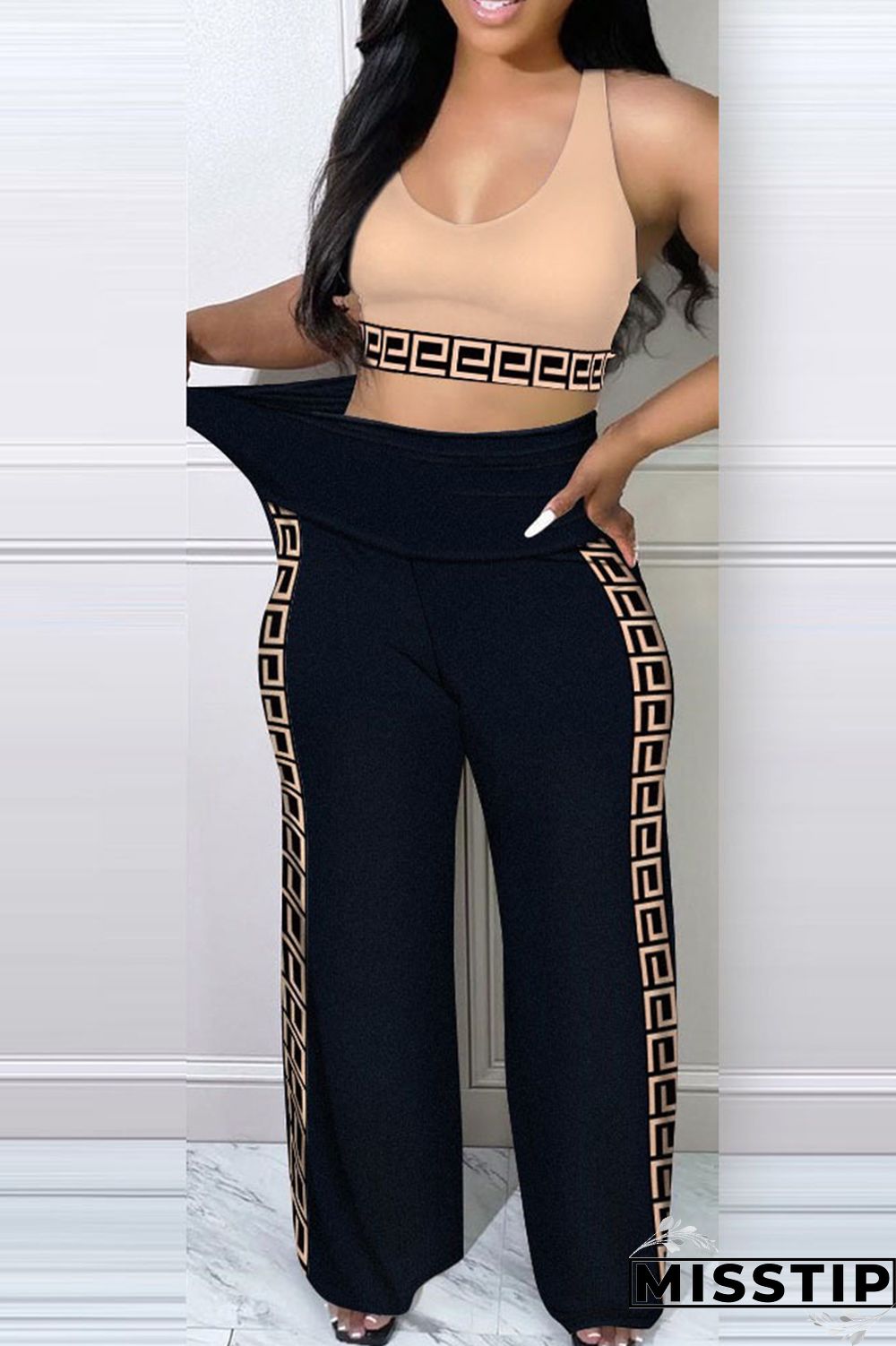 Blue Sexy Casual Print Patchwork U Neck Sleeveless Two Pieces