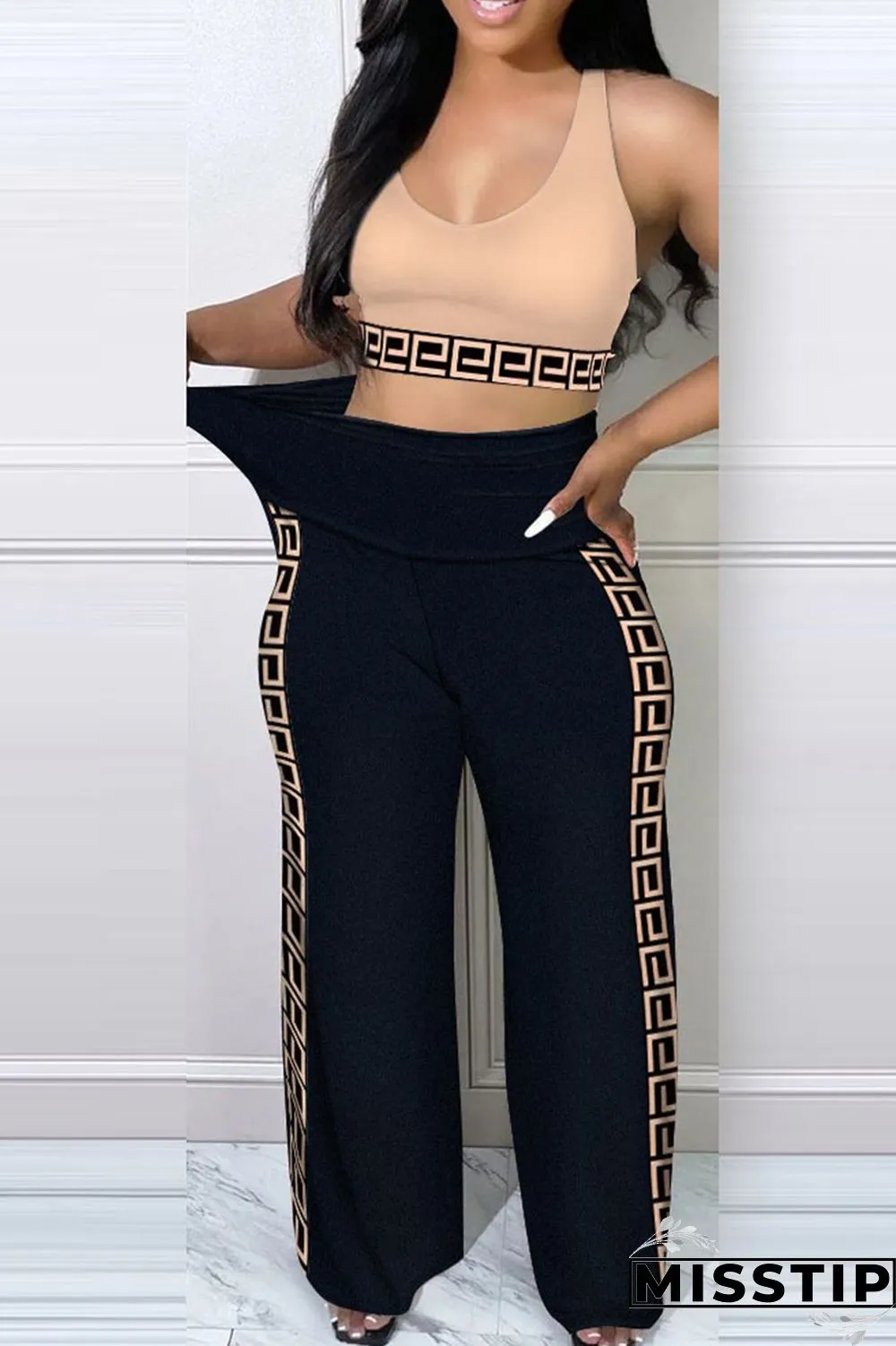 Blue Sexy Casual Print Patchwork U Neck Sleeveless Two Pieces