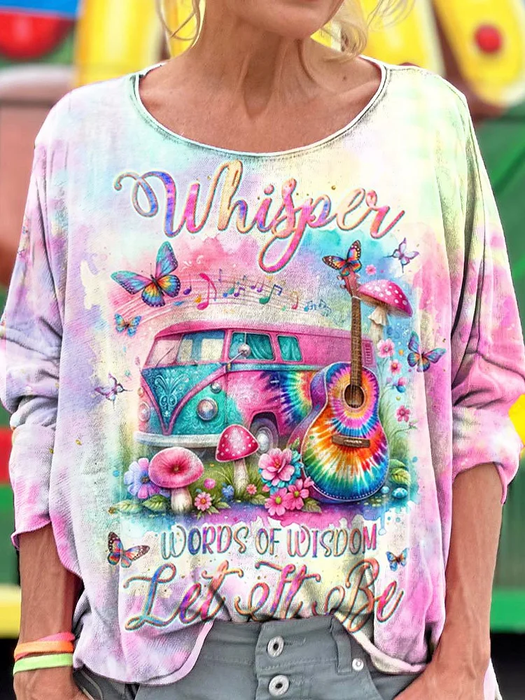 Women's Whisper Words Of Wisdom Guitar Bus Print T-shirt