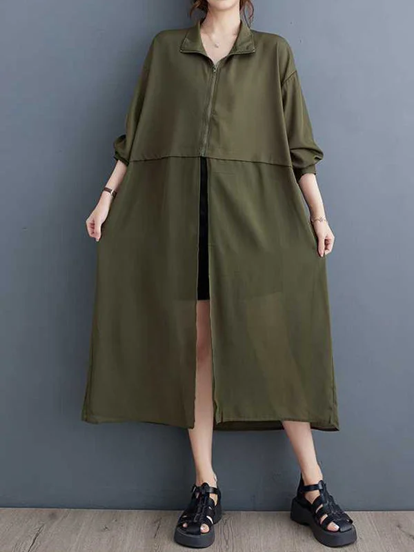 Casual Army Green Stand Collar Zip-up Split-Front Gauze Long Sleeves Trench Coat