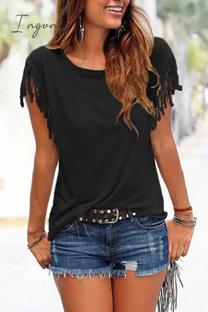 Ingvn - Short-Sleeve Loose Tassel T-Shirt(3 Colors) S / Black Tops