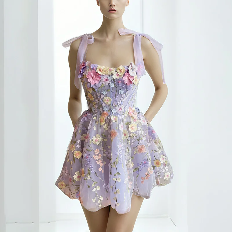 Zingj Spring 2025 New Fashion Fresh Embroidery Flower Splicing Tie High-End Slinging Short Dress Woman