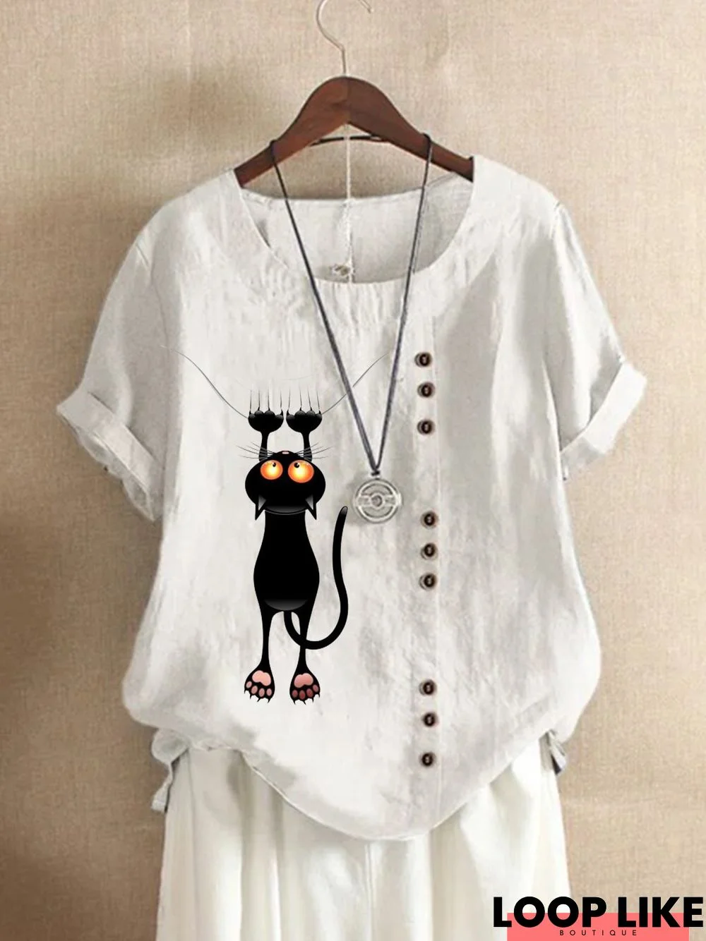 White Animal Printed Buttoned Short Sleeve Casual Shift T-shirt