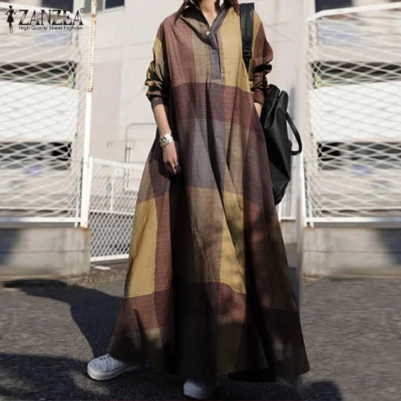ZANZEA Autumn Stylish Women Vintage Long Sleeve Loose Sundress 2022 Casual Long Maxi Dress Kaftan Femme Solid Party Vestido Robe