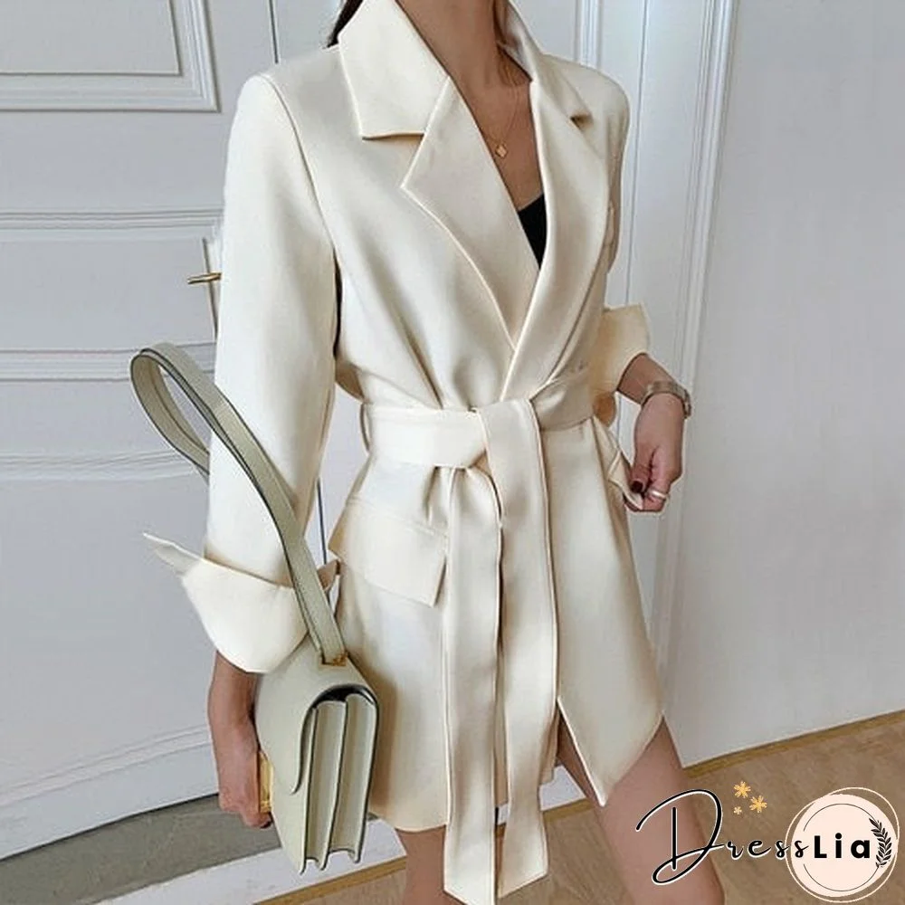 Women'S Spring Jackets Elegant White Black Office Wear With Belt Suit Blazer Coat Long Sleeve Ladies Blazer Dress For Women