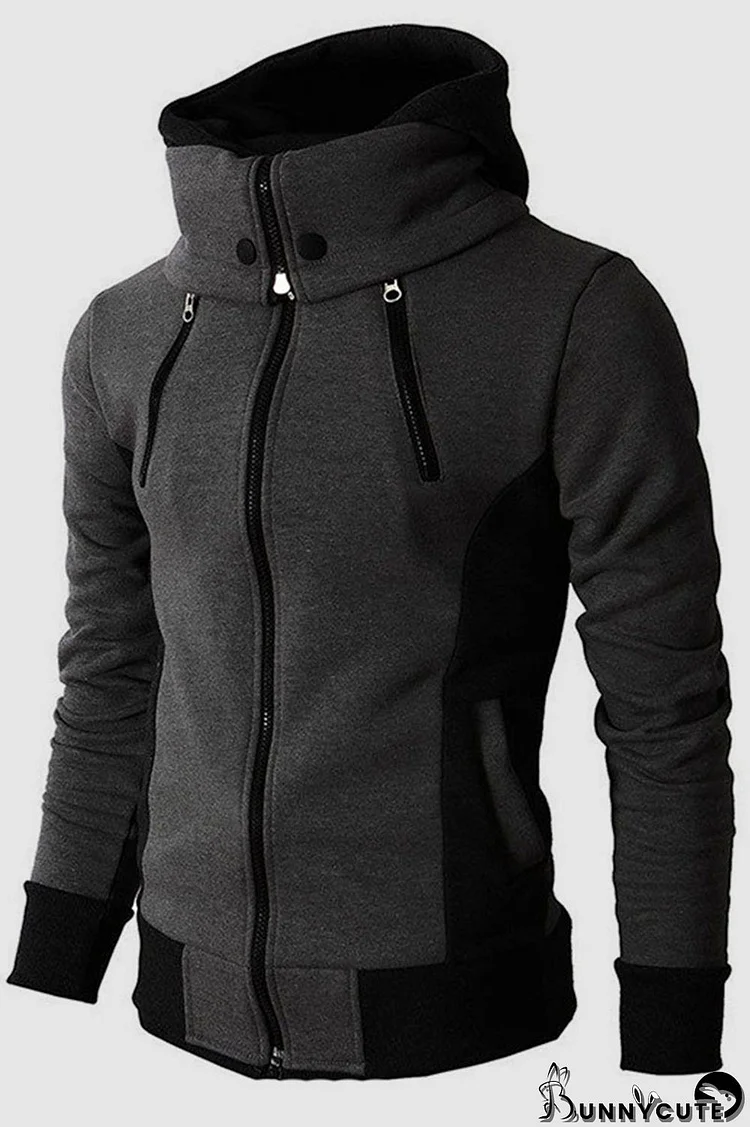 Dark Gray Casual Solid Split Joint Zipper Hooded Collar Outerwear