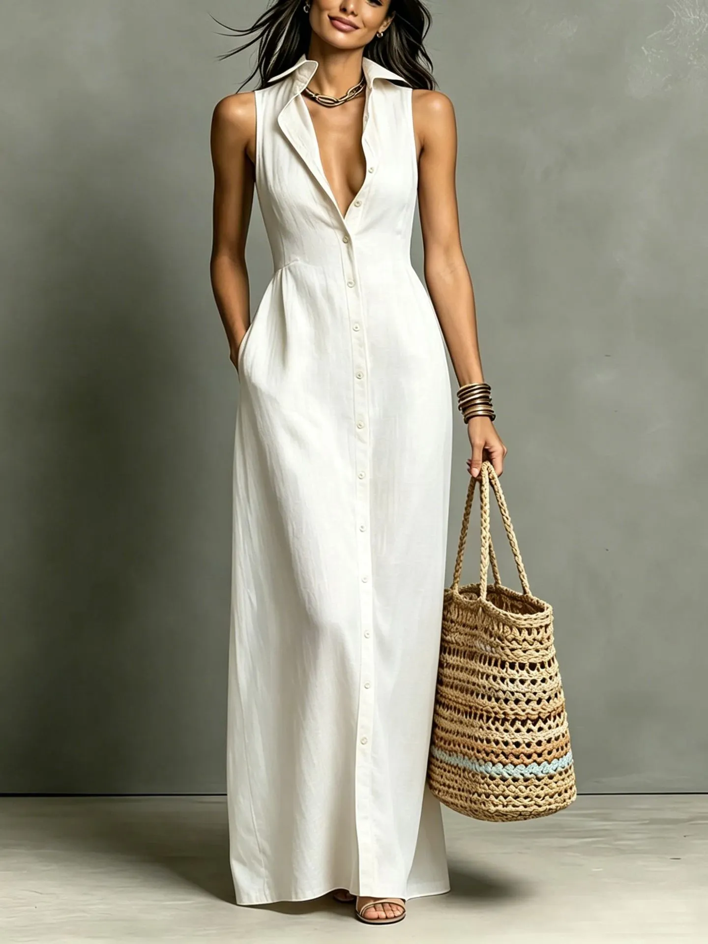 Women Sleeveless Collared Linen Maxi Dress