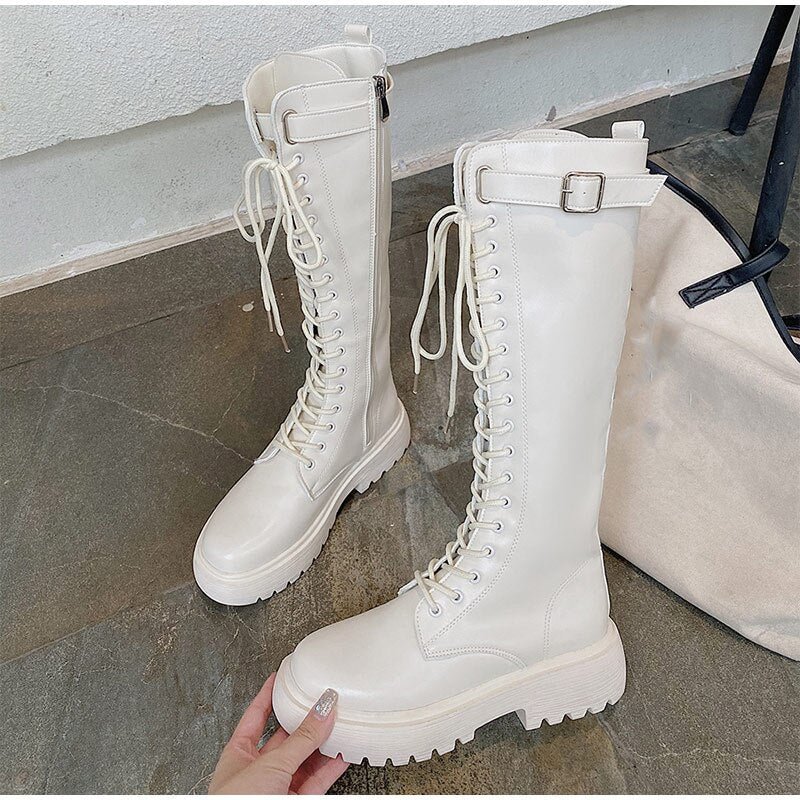 Women Mid Calf Boots Ladies PU Leather Shoes Woman Lace up Fashion Thick Bottom Motorcycle Long Boots Female Non Slip Spring New
