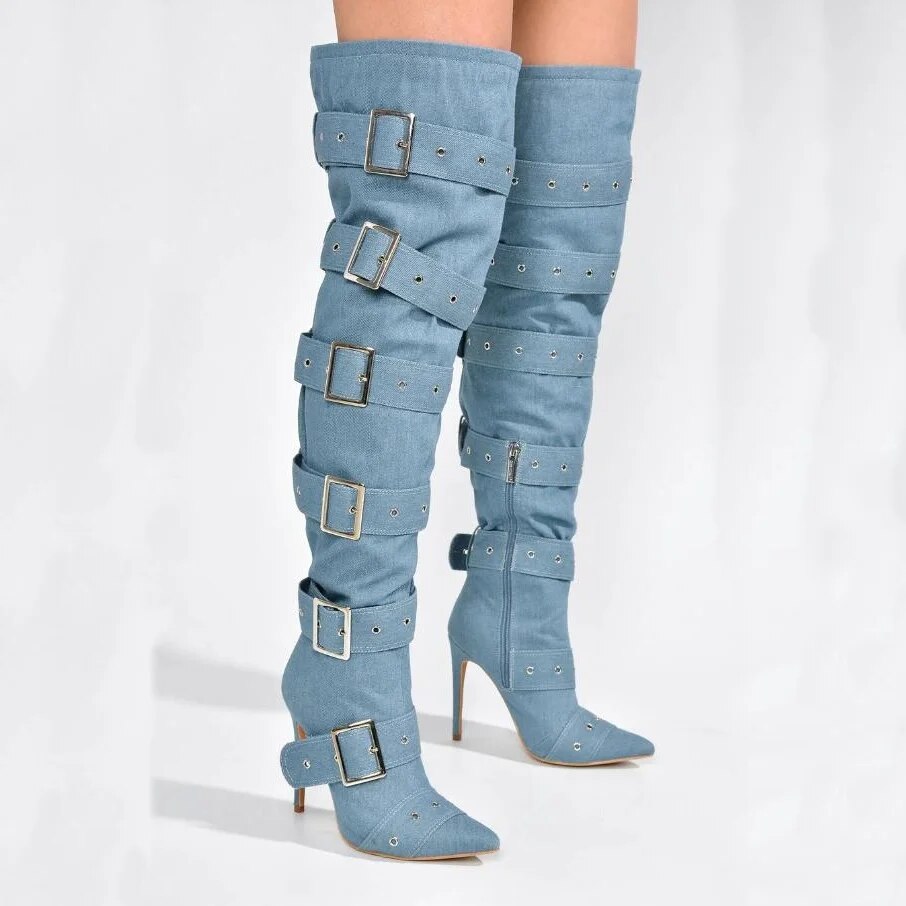 VCSHOES Strappy Buckle Decor Knee High Boots Black Matte Leather Pointed Toe Shoes For Women Thin Heels Shoes Zapatos Para Mujere