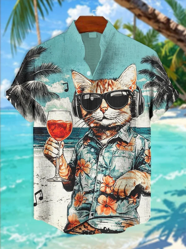 Men's Cat Holding Wine Glass Vacation Art Print Casual Shirt