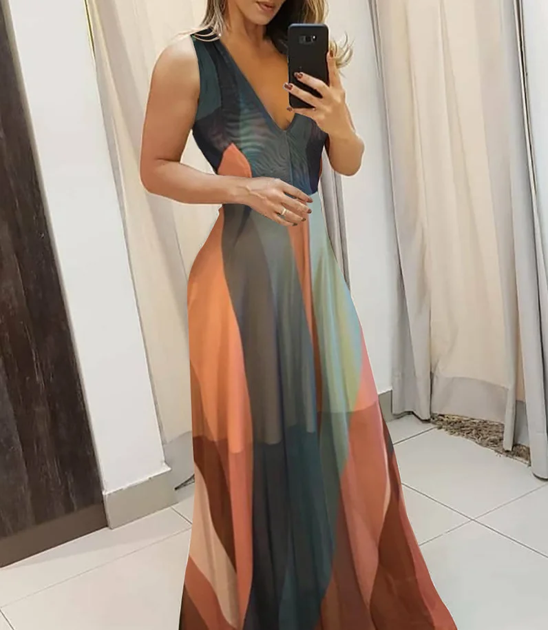 Mongw Mongw Temperament Commuter V Collar Sling Sleeveless Color Color Print Long Waist Dress