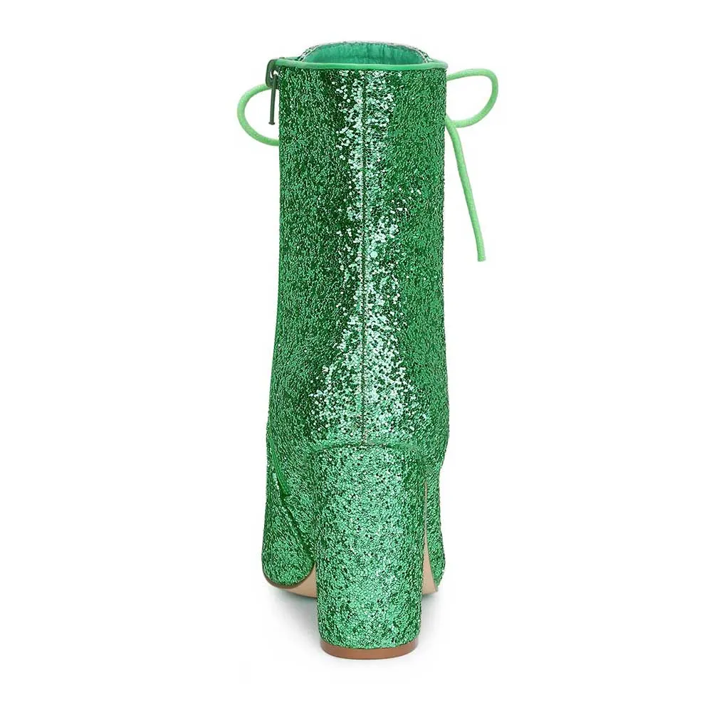 Fashion Green Glitter Pointed Toe Lace Up Zipper Heeled Booties