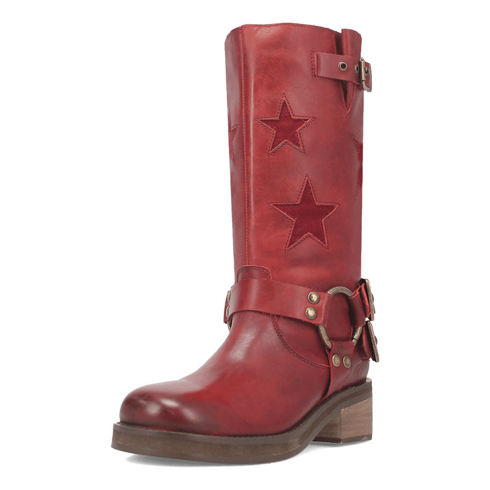 Red Star Inlay Round Toe Chunky Heel Mid-Calf Boots with Buckles Nicepairs