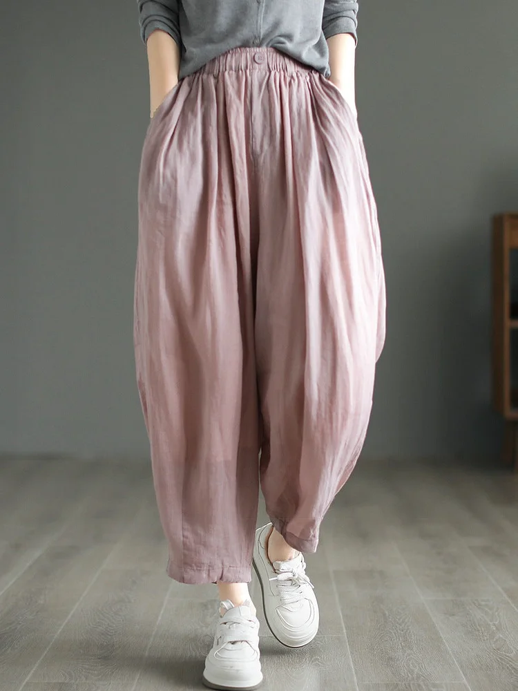 Women Vintage Solid Button Pleat Summer Ramie Pants