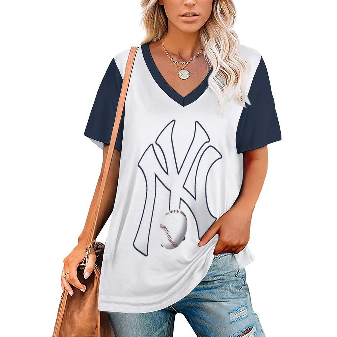 V-neck Short Sleeve Casual T-shirt for  Women Printed with Pattern ,Blue