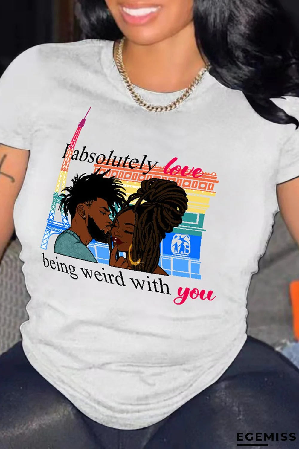 White Fashion Casual Print Patchwork O Neck T-Shirts | EGEMISS