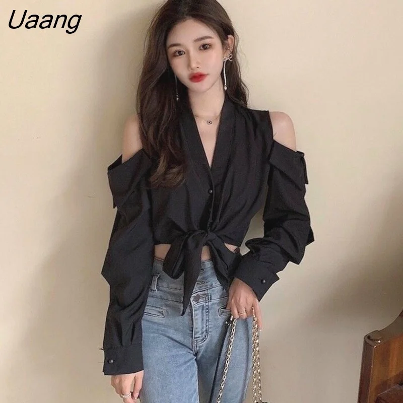 Uaang Women Off-shoulder Design Sexy Solid Simple All-match Classic Newest Stylish Tops Clothing Female Ins V-neck Daily Soft