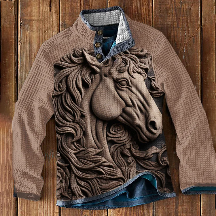 Men's Vintage Horse Pattern Standing Neck Sweatshirt