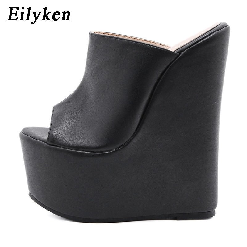 Eilyken 2022 New Platform Wedge Peep Toe Slippers Black Summer Shoes Woman Sexy Super High Sandal Slippers Black 35-42 Mules