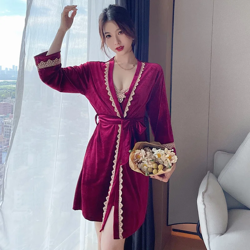 Autumn 2PCS Robe Gown Set Winter Velvet Women Sleepwear Lace Suspender Nightgown V-Neck Kimono Bathrobe Lingerie  Sleepwear