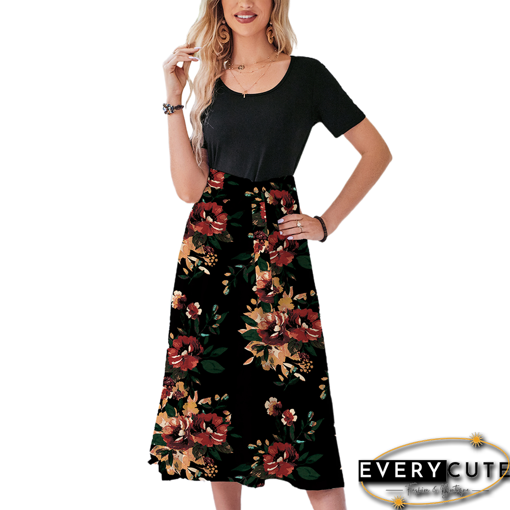 Black Red Floral Print Spliced Short Sleeve Dress