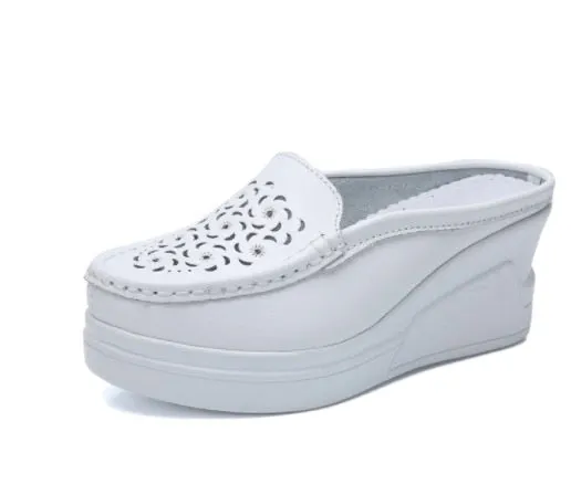 2020 Hot Summer Women Platform Slipper pattern Floral Flats Breathable Leather Casual Shoes Slip-on comfortable Nurses shoes