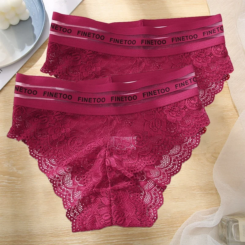 FINETOO 2PCS/Set L-XXL Floral Lace Women Panties High Waist  Sexy Lace Underwear Woman Letter Lingerie Female Seamless Briefs