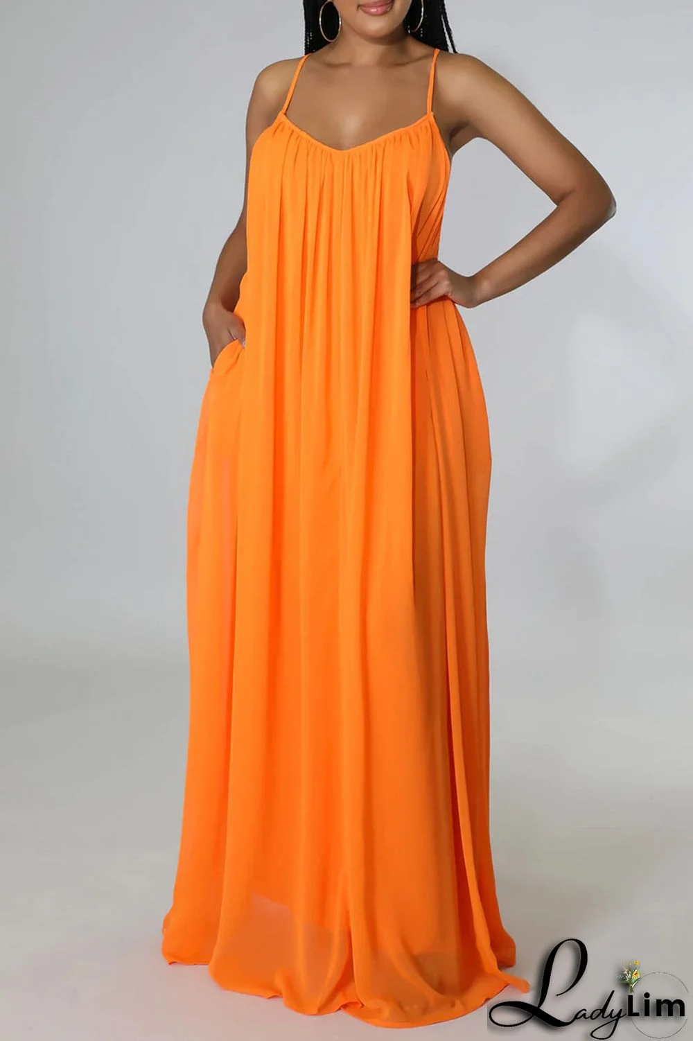 Orange Red Casual Solid Split Joint Backless Spaghetti Strap Sling Dress Dresses