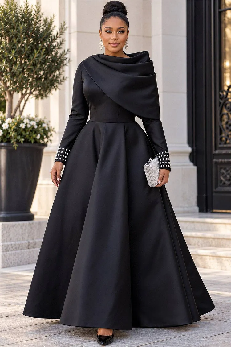 Xpluswear Design Plus Size Formal Black Asymmetrical Collar Long Sleeve Pearls Fold Satin Maxi Dresses [Pre-Order] 2024 - Xpluswear