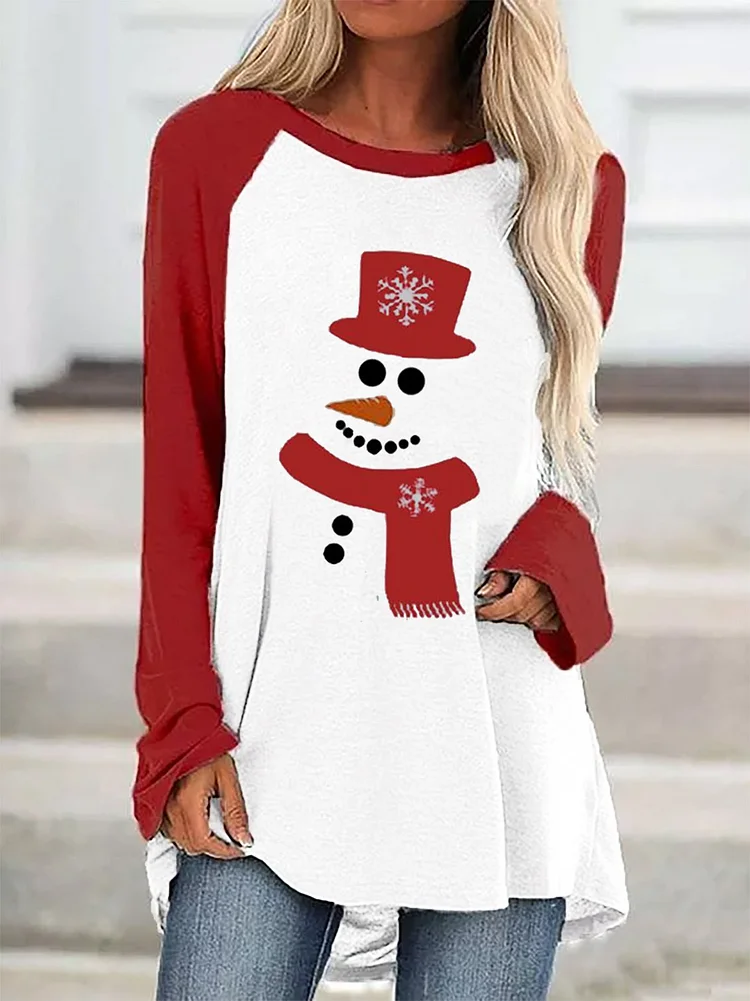 Christmas Snowman Print Vacation Round Neck Mid-Length T-Shirt & Tops