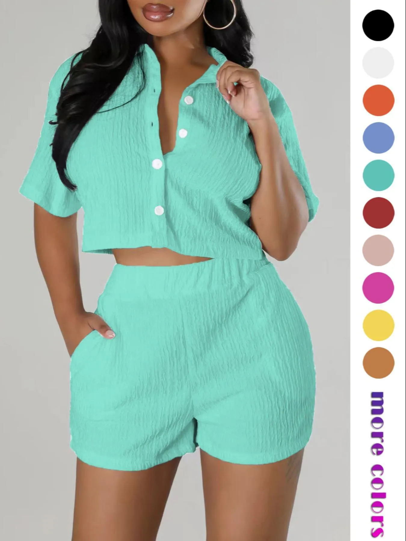 Two-piece Set Women's Textured Button Front Shirt & Elastic Waist Shorts Set, Chic Versatile Short Sleeve Collared Top & Pocket Design Shorts, Casual Style Two-piece Outfits for Women, Womenswear, Matching Clothing Set Two-piece Set Women's Textured Button Front Shirt & Elastic Waist Shorts Set, Chic Versatile Short Sleeve Collared Top & Pocket Design Shorts, Casual Style Two-piece Outfits for Women, Womenswear, Matching Clothing Set