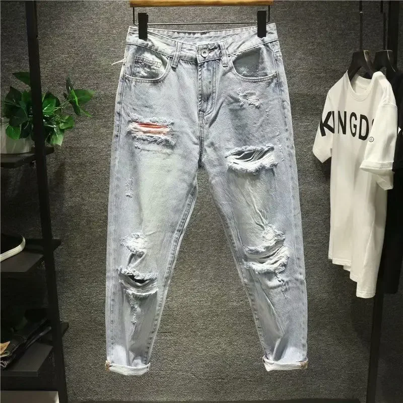 Gamechancemagic Men's Jeans Light Blue Trousers with Holes Ripped Man Cowboy Pants Japanese Street Style Broken Cropped Torn Classic Original Xs