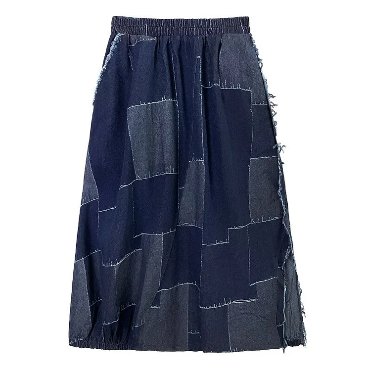 Stylish Denim Patchwork Pockets Split Skirt