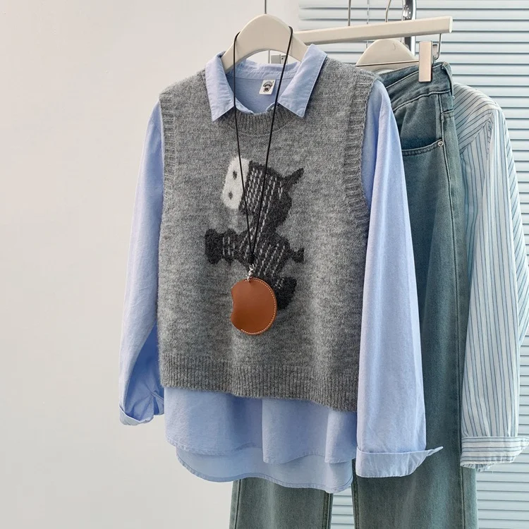 Athvotar Athvotar New Vest Sweet And Cute Cartoon College Style Knitted Winter Round Sweater Collar Sweater Bottom Shoulder Vest