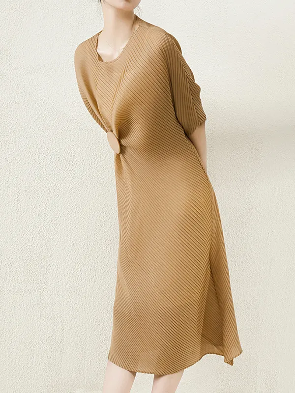 Belted Solid Color Irregular clipping Plus Size Round-neck Midi Dresses